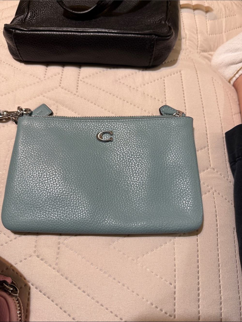 Coach Pebbled Mini Wristlet in Sage Blue